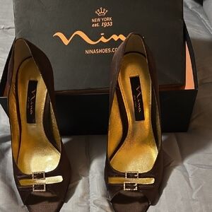 Nina Women's Elegant Brown Peep Toe Heels